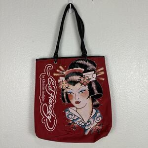 Vintage Y2K Ed Hardy Christian Audigier Bag Red Artistic Geisha Tattoo Studded